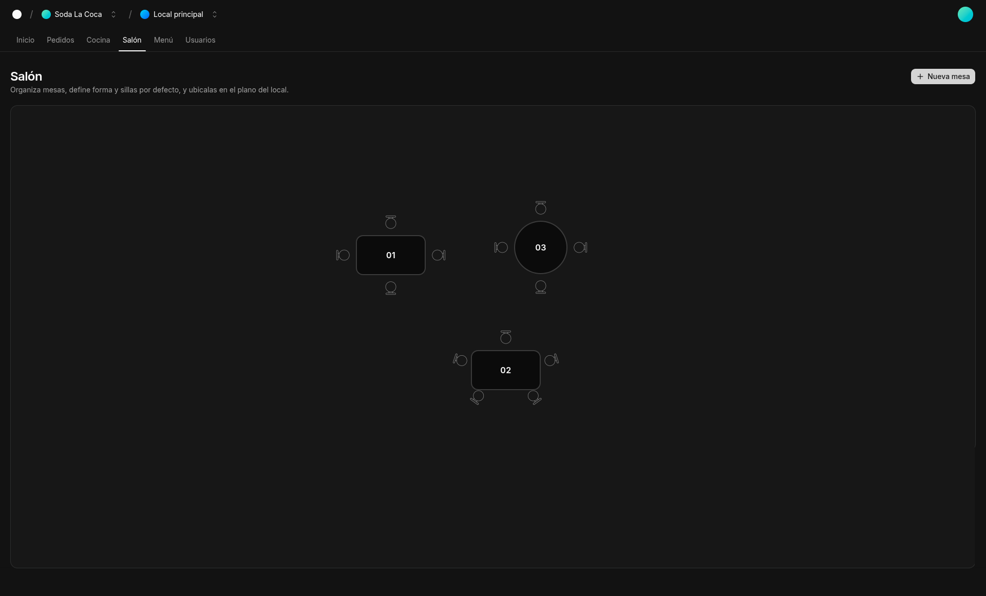 Vista de administración del salón para agregar o quitar mesas en Comanda.