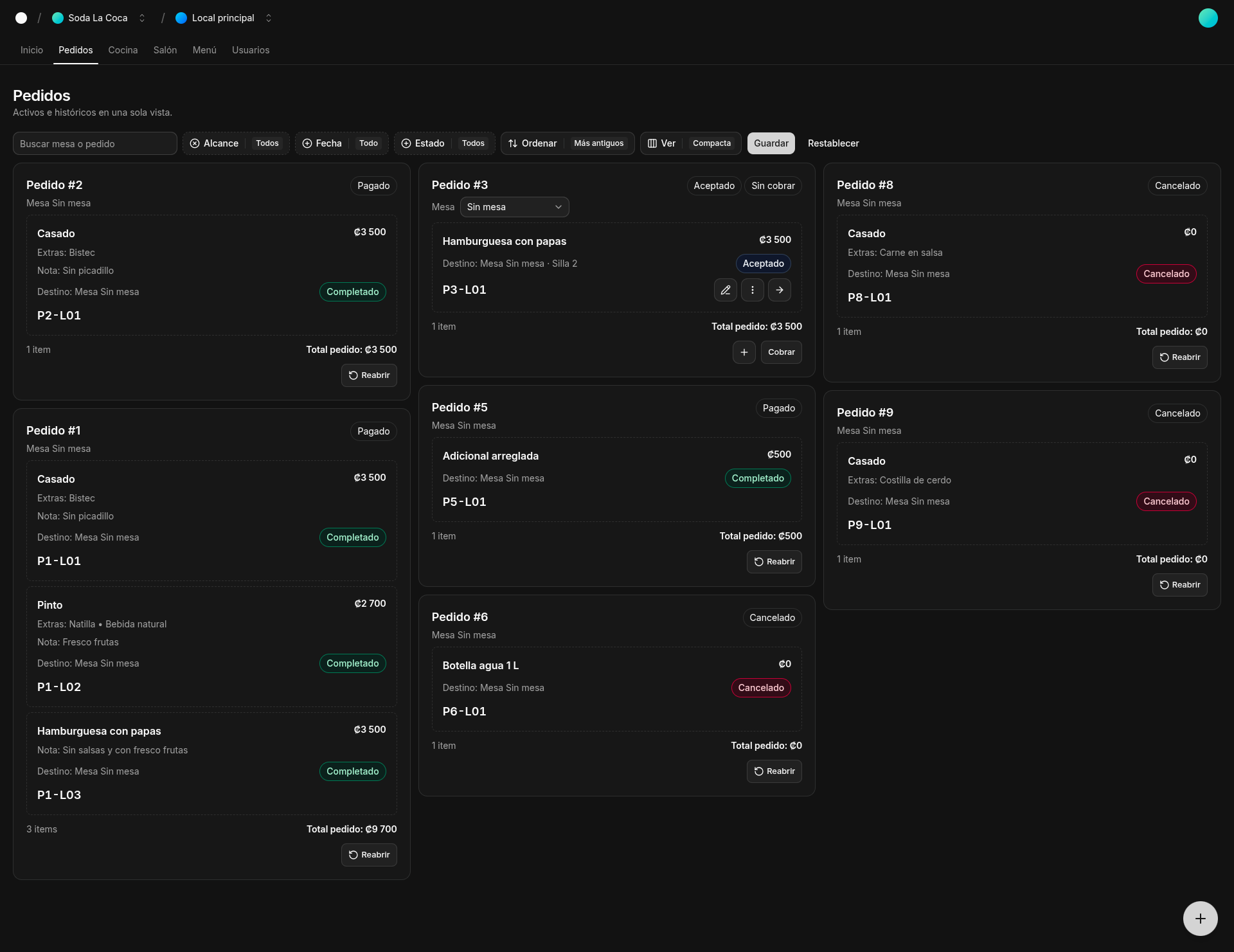 Vista de salón en Comanda para operación de pedidos en mesa.